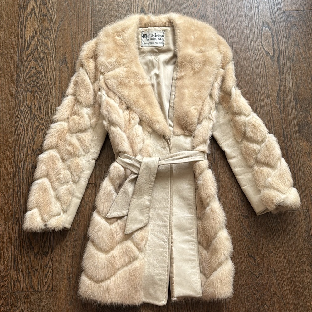 Vintage Fur & Leather Coat - Cream Chevron